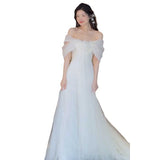 One-Word Shoulder Light Wedding Dress Korean Super Xiansen Bride's Morning Robe Evening Dress Go Out Yarn Light Luxury Small Tail Dress Dress Dress HZ0517