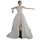 French-Style Seduced Light Wedding Dress Bride Simple Hanging Neck Dress Mori Travel To Shoot Super Fairy White Yarn Evening Dress HZ0517