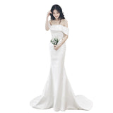 One-Word Shoulder Sexy Bare-Backed Stern Face Light Wedding Dress Simple Atmosphere Small Drag-Tailed Thin Fishtail Bride Wedding Evening Dress HZ0517