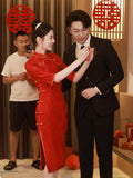 Cheongsam Toasting Red Chinese Wedding Small Improvement Young Engagement Dress Autumn Thin Bride Woman HZ0517