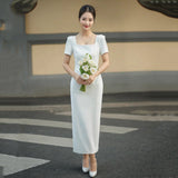 French Style Collar Short Sleeves Light Wedding Dress Dress Dress Bride Engagement Back Door Small Dress To Get A Little White Dress HZ0517