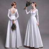 Lace Long-Sleeved Wedding Dress New Light Luxury Lint White Go Out Light Yarn V Collar Thin Welcome Dress HZ0517