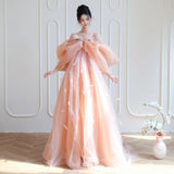 One-Word Shoulder Pink Morning Gown Woman Super Xiansen Bow Bridal Engagement Dress Dress High-End Light Luxury Adult Dress HZ0517