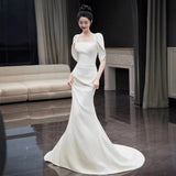 Fish-Tailed Linden Noodles Simple Korean Sen Super Fairy Engagement Dress White Square Collar Out Yarn Coated Arms HZ0517