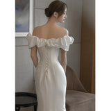 One-Word Shoulder French Light Wedding Dress Vertiny Simple 2026 New Fish Tail White Thin Welcome Tail Yarn HZ0517