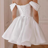 French White Shoulder Light Wedding Banquet Registration Certificate Go Out Yarn Birthday Party Short Evening Dress HZ0517