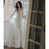 Long-Sleeved French Light Wedding Dress 2026 Spring New Lace V-Neck Yarn Bride Welcome Engagement Dress HZ0517