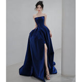 Blue Retro Breast-Wearing High-End Evening Dress Light Extravagant Small Sentientient Day Banquet French Dress Dress Dress Small Tail Dress HZ0517