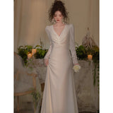 French Light Wedding Dress Simple Feel Lace White Lanky Long Sleeve Small Tail Sen Linen Korean Style Yarn Travel Shot HZ0517