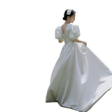 French Hepburn Wedding Dress Bride Simple Retro White Fasley Sleeve Thin Dress Woman HZ0517