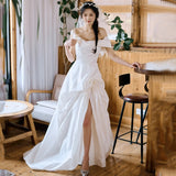 French Word Shoulder Light Wedding Dress 2026 New Bride Simple Vertine Face To Go Out To Welcome Yarn Super Fairy High Open Fork Dress HZ0517
