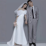 French Light Wedding Bow Bow Shoulder Dress Simple Travel Ultra-Fairy Fishtail Dress Korean Welcome Yarn HZ0517