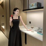 French Evening Dress Hepburn Style Dress Sexy Bare Back Sling Dress High Feeling Black Waist Skirt HZ0517