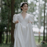 French Hepburn Wedding Dress Bride Simple Retro White Fasley Sleeve Thin Dress Woman HZ0517