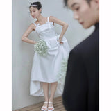 White Dingy Light Wedding Wedding Party Dress Sling Bow A Word Evening Dress Wedding Dress HZ0517