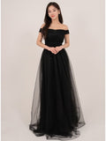 2026 New Black Mesh Evening Dress Temperament Dress Dress Small Shoulder Long Light Wedding Dress HZ0517