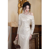 French Evening Dress Dress Women 2026 New High-End Squint Banquet Temperament Host High-End Light Luxury Niche HZ0517