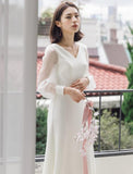French Light Wedding Dress Super Fairy Simple White Vertiny Bride Go Out Yarn V Collar Long-Sleeved Fairy Party Daily Dress Woman HZ0517