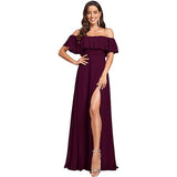 New One-Character Collar Solid-Colored Dress Sleeveless Long-Sleeved-Sided Chiffon Evening Dress Open Skirt HZ0517