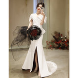 One-Word Shoulder Evening Dress Sexy Open White Art Exam Solo Performance Suit Waist Fishtail Small Tail Light Wedding Dress HZ0517