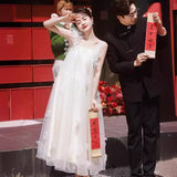Mori Linging Slings Morning Robe Dress Super Fairy Korean Small Man Engaged Ponpong Skirt Tour Show Back White Light Wedding Dress HZ0517
