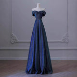 One-Word Shoulder Blue Evening Dress High-End Light Luxury Small Girl Host Birthday Adult Gift Student Graduation Performance Suit HZ0517