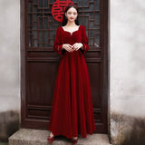 Toasting Bridal 2026 New Wine Red Long-Sleeved Velvet Engagement Back Door Toasting Banquet Dress HZ0517