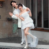French Light Wedding Dress Bride High-End Feeld With The Density Certificate Registration Small White Dress A Word Shoulder Yarn Engagement Dress Woman HZ0517