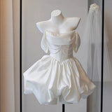 Sing Face Shoulder Light Wedding Dress French Short License Wedding Dress Birthday Party Sexy White Dress HZ0517