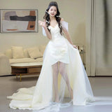 French One-Word Shoulder Light Wedding Dress Sen Series Simple Bride Small Drag Tail Show Wedding Wedding Wedding Dress HZ0517