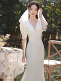 French White Evening Dress Femininity Banquet Sexy Fishtail Dress Long Host Small V-Neck Dress HZ0517