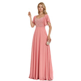 2026 New Square Neck Short Sleeves With Bare Back Pink Evening Dress A Word Lychee Splicing Chiffon Valentine's Day Party Dress HZ0517