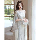 One-Shoulder Evening Dress Dress 2026 Banquet Squins Sexy High-End Feeling Small Flashing Adult Dinner Fishtail Dress Dress HZ0517