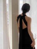 Korean Hepburn Evening Dress Birthday Banquet Temperament Ceremony Host Hanging Back Black Small Tail Dress HZ0517