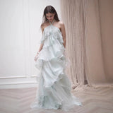 Holiday Wind Hanging Neck Dress Bride Married Out Yarn Toasting Female Famous Lady Qianjin Super Fairy Leaves Side Dress HZ0517