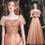 Golden Bubble Sleeve Dress Women's 2026 New Banquet Performance Chorus Stage Show Wedding Beauty Evening Dress HZ0517