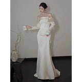 One-Word Shoulder Long-Sleeved Vertiny Face Light Wedding Dress Bride Goes Out Yarn Temperament Fishtail Simple French Engagement Wedding Dress Dress HZ0517