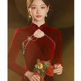 Long-Sleeved Cheongsam Toasting Bride 2026 New Engagement Dress Long Red Velvet Wedding Dress HZ0517