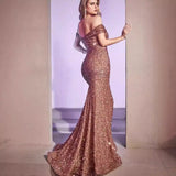 Women Evening Dress Sequin Temperament Pure Color One-Word Collar Temperament Solid Color Banquet Dress Evening Dress HZ0517