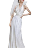 Light Wedding Dress Sen Simple 2026 New Hanging Neck Trip Pat Out Of The Yarn Sexy Small Tail Welcome Dress Dress HZ0517
