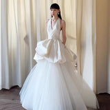 French White Sleeveless V-Necked Engagement Wedding Bride Light Wedding Dress Dress Dress With Morning Gown HZ0517
