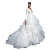 Hot Wedding Dress Long Sleeves Dragging High Waist Thin Wedding Dress French Yarn Main Yarn Depth V Sexy HZ0517