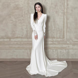 French Long-Sleeved Light Wedding Dress Bride High-End Feeld With The Faucet V. Simple Fish Tail Autumn And Winter Go Out Yarn White Dress Dress HZ0517