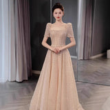 Champagne High-End Evening Dress Light Luxury Niche Banquet French-Style Squint Elegant Host Fairy Dress HZ0517