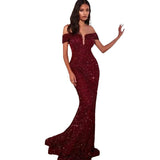 Women Evening Dress Sequin Temperament Pure Color One-Word Collar Temperament Solid Color Banquet Dress Evening Dress HZ0517