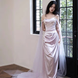 One-Word Shoulder-Singed Fish-Tailed Light Wedding Dress French-Style Niche Go Out Yarn Super Xiansen Family Travel Light Dress Sexy Open Fork HZ0517