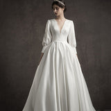 French Light Wedding Bridal Temperament Simple Retro Thin Nest Long Sleeve V Lord Wedding Dress HZ0517