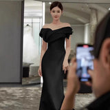 French Black Shoulder-Sand-Faced Banquet Annual Host Birthday Temperament Fish Tail Tail Evening Dress Dress Dress HZ0517