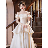 One-Word Shoulder-Singed Noodle Light Wedding Dress 2026 New Wedding Engagement Bow White Evening Dress Go Out Shading Ponpong Skirt HZ0517