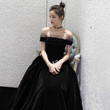 Black Evening Dress Dress Women's Long Banquet High-End Temperament Thin Shoulder Size Large-Scale Art Exam Year HZ0517